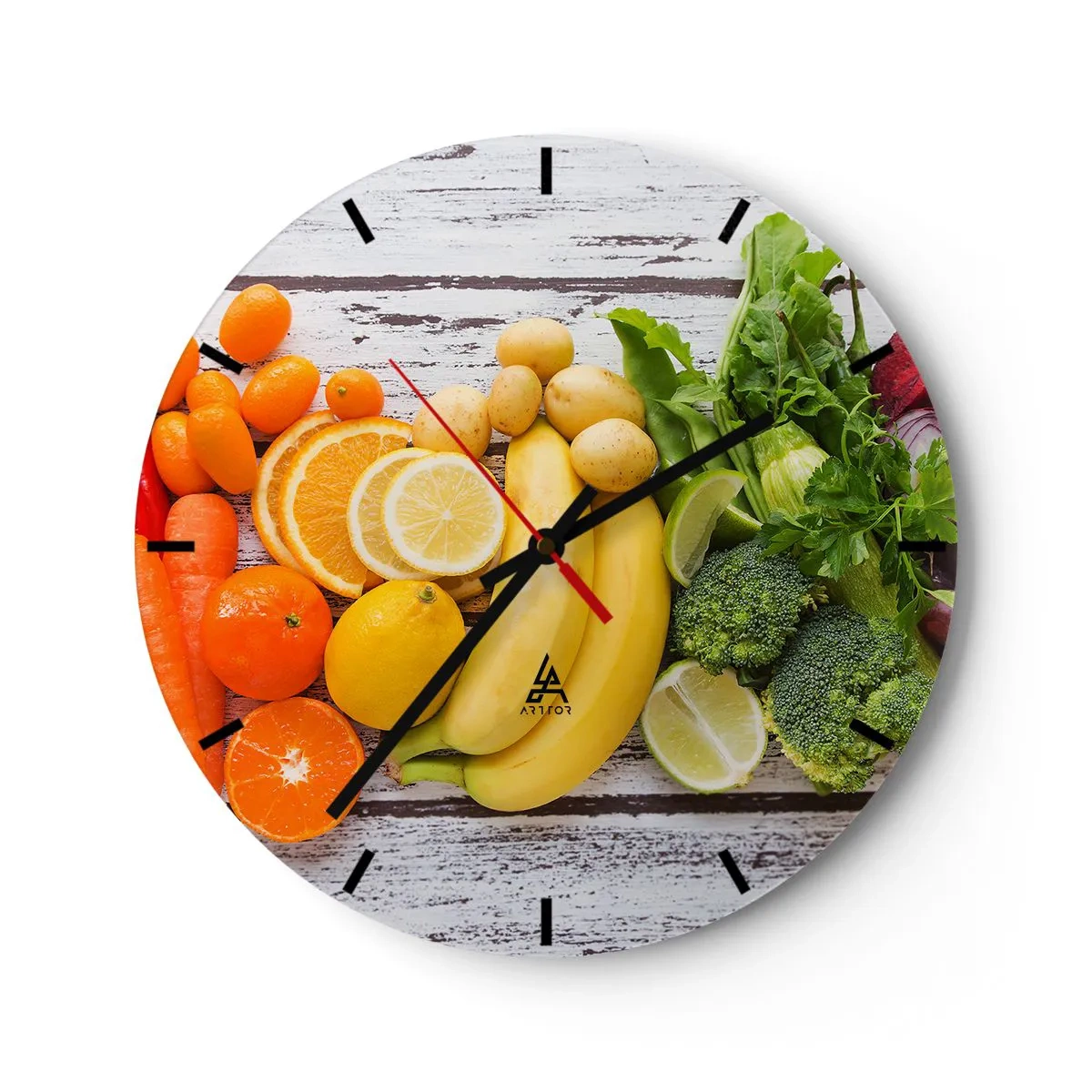 Wanduhr - Glasuhr - Buntes Obst und Gemüse auf einem hölzernen Hintergrund - 30x30cm - Es ist nicht genug? - Moderne Wanddekoration für Wohnzimmer, Küche und Schlafzimmer ARTTOR