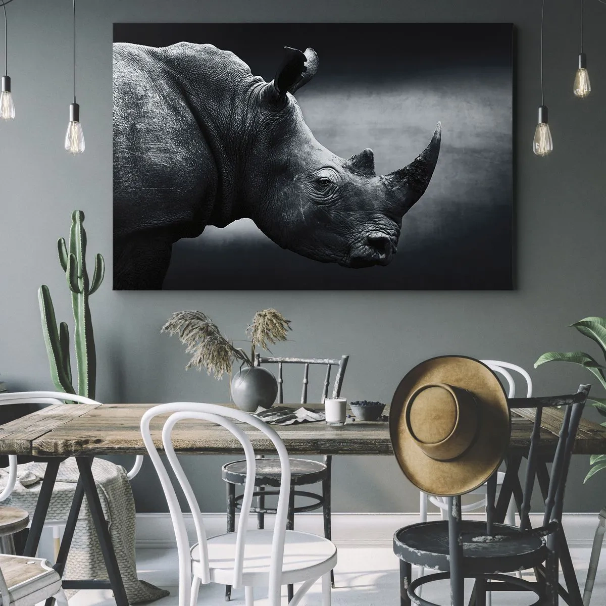 Bild auf Leinwand - Leinwandbild - Schwarz-Weiß-Porträt eines Nashorns vor dunklem Hintergrund - 100x70cm - Richtiges Profil - Moderne Wanddekoration für Wohnzimmer und Schlafzimmer ARTTOR
