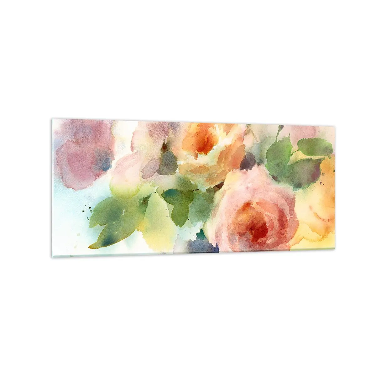 Glasbild - Bild auf glas - Zarte Rosen im Aquarell-Stil auf hellem Hintergrund - 120x50cm - Zart wie Aquarell - Moderne Wanddekoration für Wohnzimmer und Schlafzimmer ARTTOR