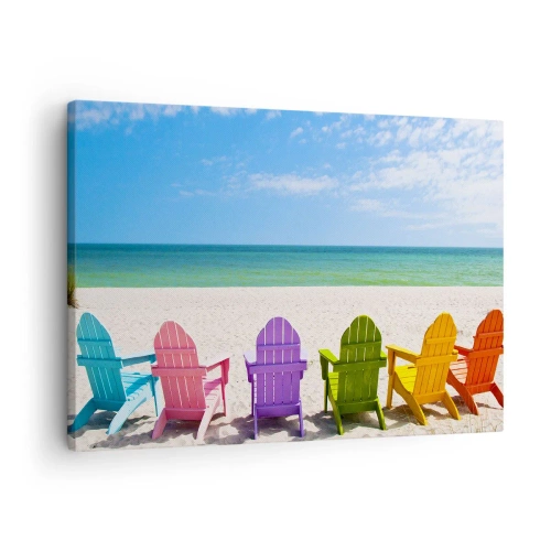 Bild auf Leinwand - Leinwandbild - Bunte Liegestühle am Strand mit Blick aufs Meer - 70x50cm - Regenbogenstrand - Moderne Wanddekoration für Wohnzimmer und Schlafzimmer ARTTOR