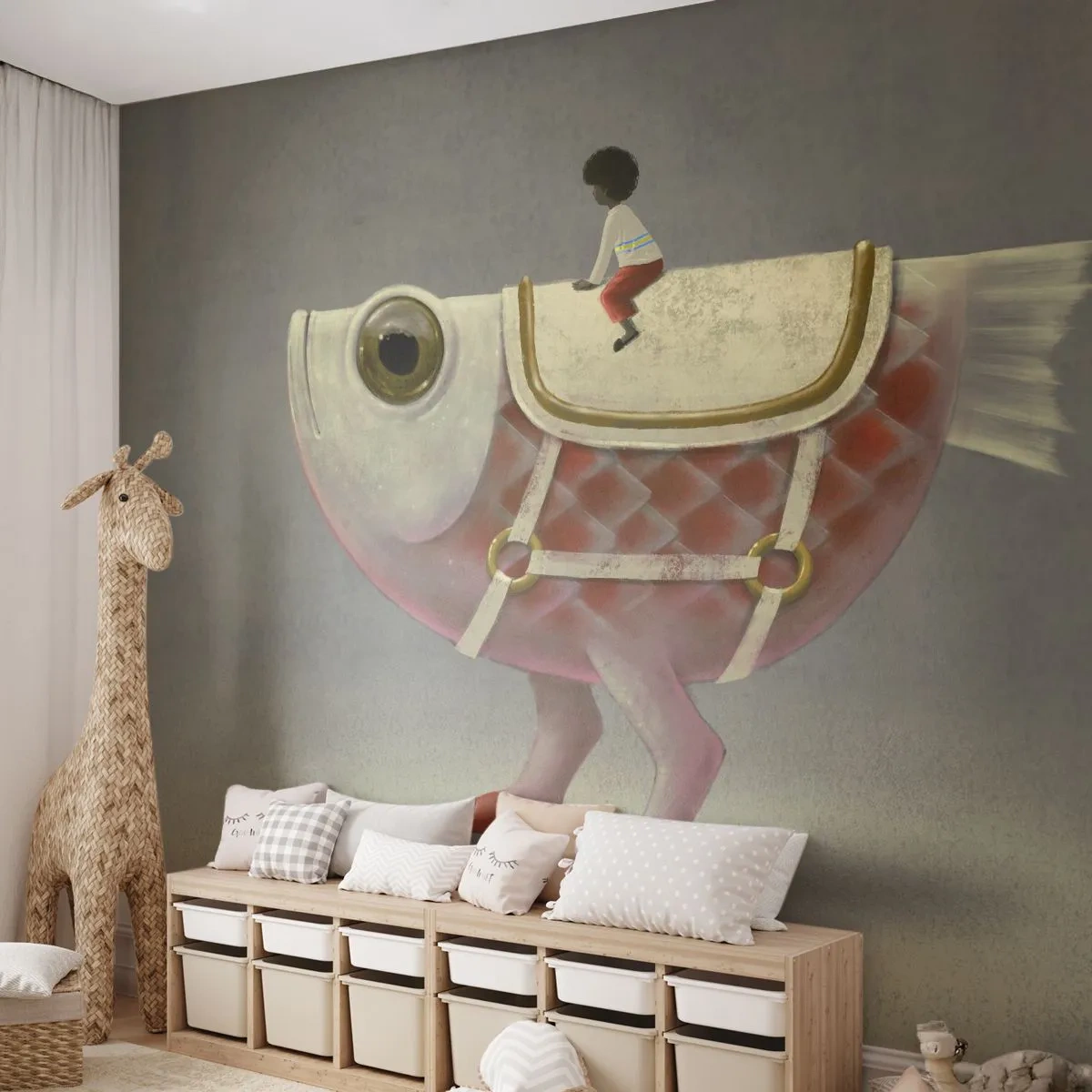 Fototapete Premium Sand - Eine Figur, die auf einem schicken Fisch mit Beinen und Sattel reitet - 100x70cm - Reiter auf einem surrealen Fisch - Moderne Wanddekoration für Wohnzimmer und Schlafzimmer ARTTOR