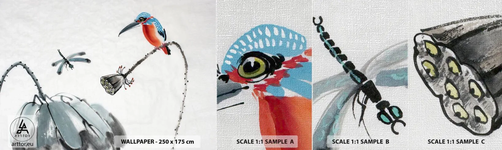 Fototapeten Muster Premium Canvas - Das Leben der Wiese - Abstraktion, Vogel, Blume - 100x30 cm