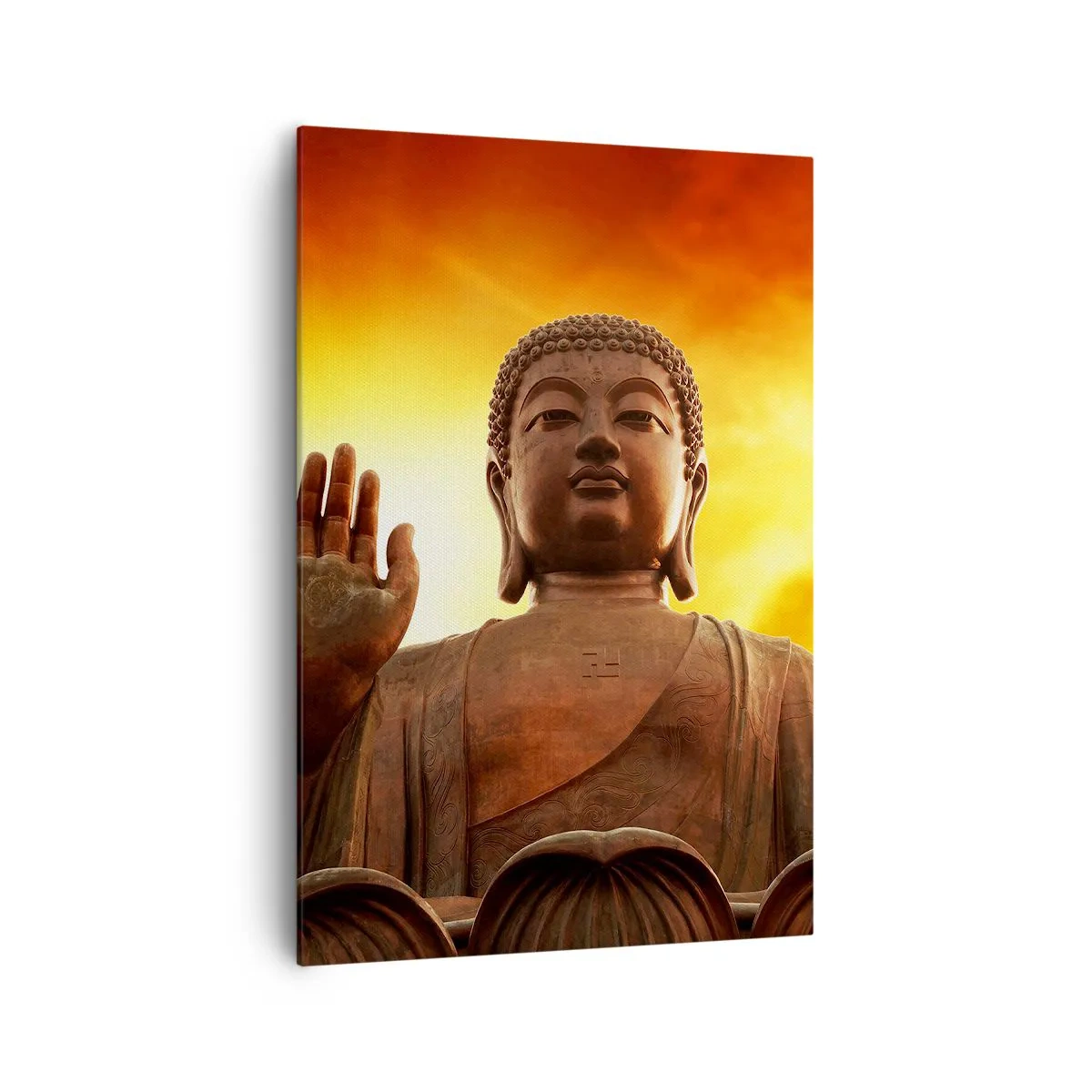 Bild auf Leinwand - Leinwandbild - Eine Buddha-Statue vor einem goldenen Sonnenuntergangshimmel - 70x100cm - Frieden der Welt - Moderne Wanddekoration für Wohnzimmer und Schlafzimmer ARTTOR