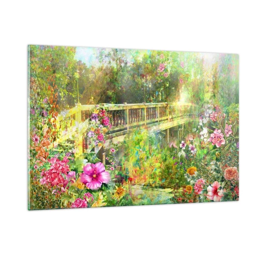 Glasbild - Bild auf glas - Eine Brücke umgeben von üppiger Vegetation und bunten Blumen - 120x80cm - Eine Brücke aus Frühlingsseufzern - Moderne Wanddekoration für Wohnzimmer und Schlafzimmer ARTTOR