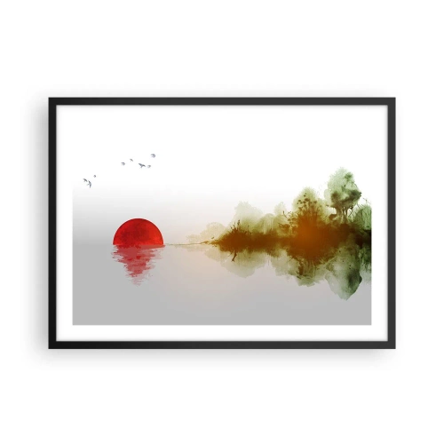 Poster in einem schwarzem Rahmen - Abstrakter Sonnenuntergang über einem See mit Reflexion - 70x50cm - Versprechen der Ruhe - Moderne Wanddekoration für Wohnzimmer und Schlafzimmer ARTTOR