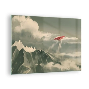 Glasbild - Bild auf glas - Ein rotes Flugzeug fliegt über schneebedeckte Berge - 70x50cm - Furchtloser Pionier - Moderne Wanddekoration für Wohnzimmer und Schlafzimmer ARTTOR