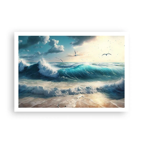 Poster - Meereswellen am Strand unter blauem Himmel mit Möwen - 100x70cm - Es summt nur für dich - Moderne Wanddekoration für Wohnzimmer und Schlafzimmer ARTTOR