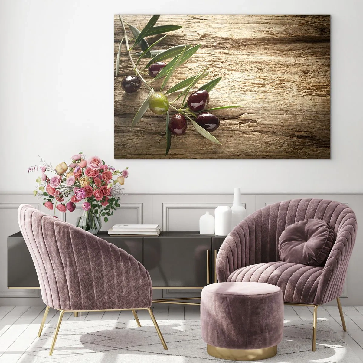 Glasbild - Bild auf glas - Olivenzweig auf einem hölzernen Hintergrund - 70x50cm - Direkt aus der Natur - Moderne Wanddekoration für Wohnzimmer und Schlafzimmer ARTTOR