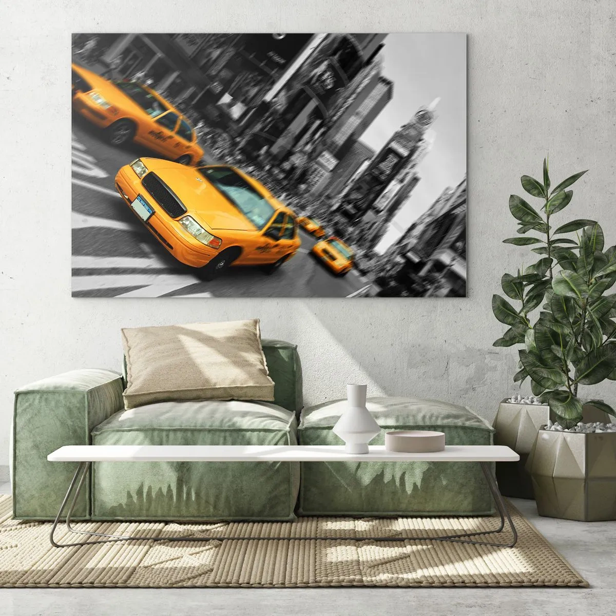 Glasbild - Bild auf glas - Gelbe Taxis vor dem Hintergrund schwarz-weißer Stadtstraßen - 120x80cm - New Yorker Sonnentropfen - Moderne Wanddekoration für Wohnzimmer und Schlafzimmer ARTTOR