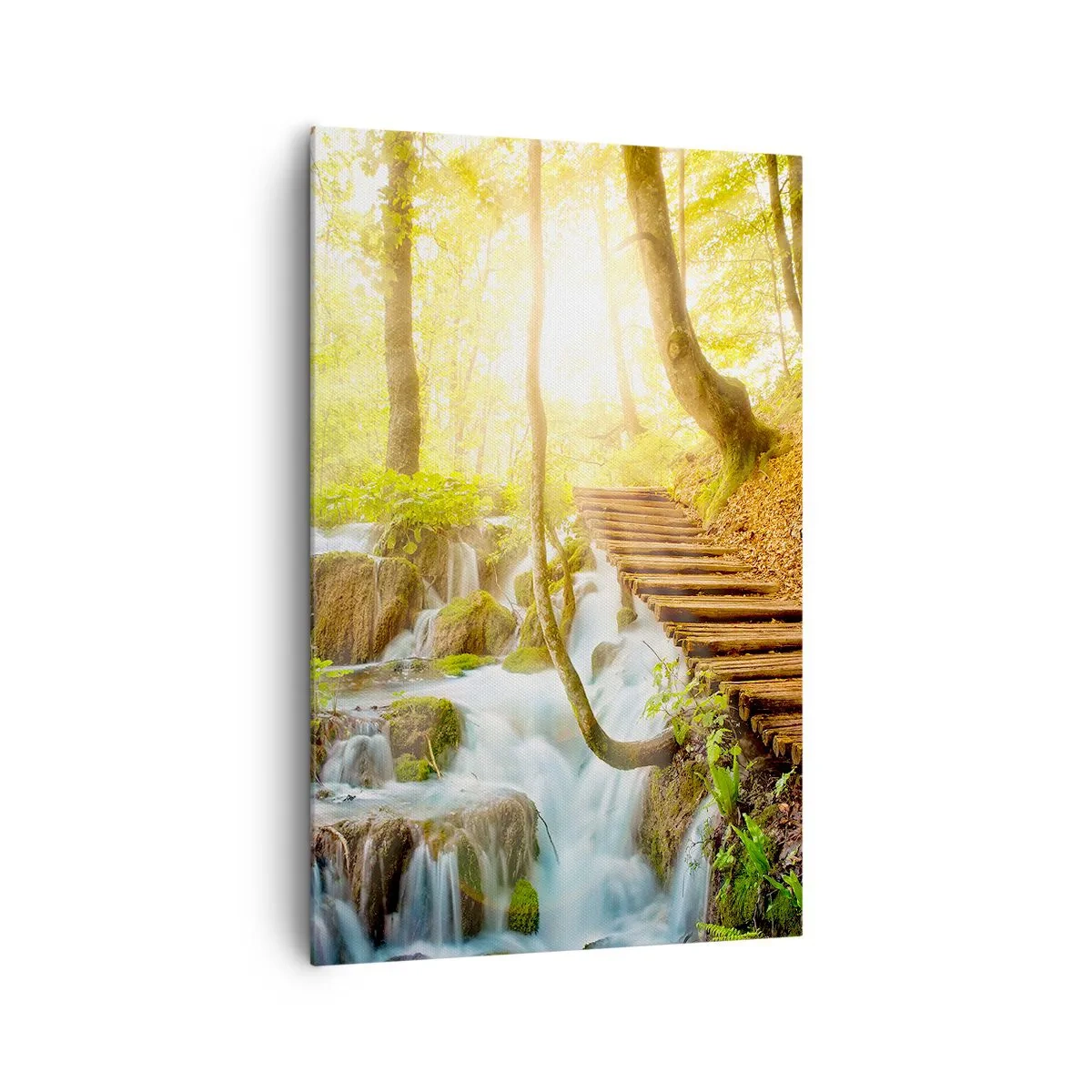 Bild auf Leinwand - Leinwandbild - Waldweg mit Holztreppe am Wasserfall - 80x120cm - Eine ersehnte Kühle - Moderne Wanddekoration für Wohnzimmer und Schlafzimmer ARTTOR