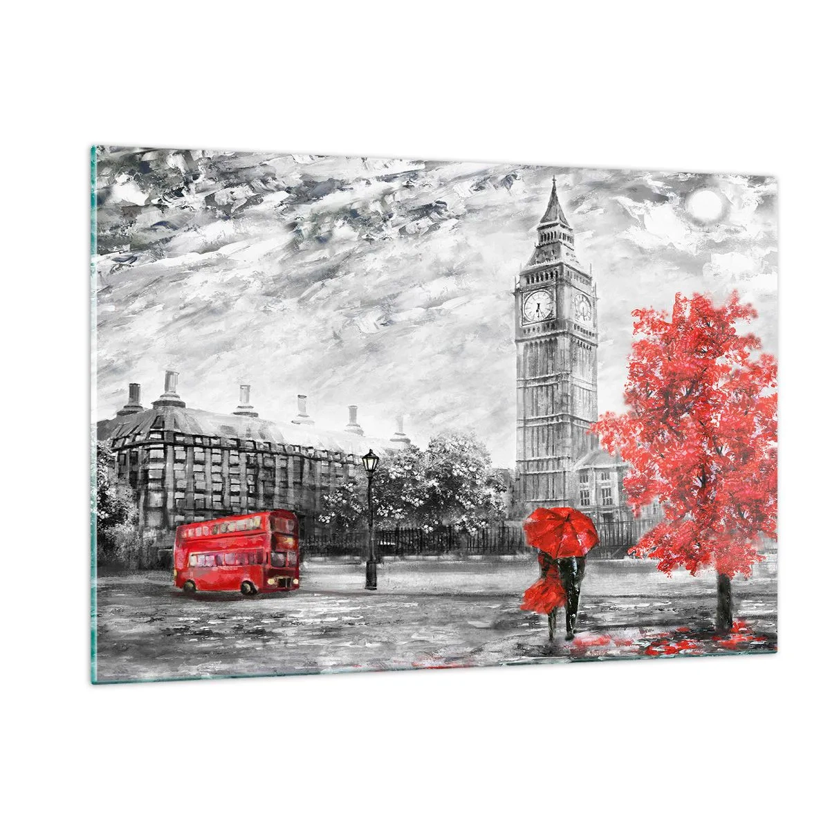 Glasbild - Bild auf glas - Big Ben mit einem roten Bus und Regenschirm vor einer Kulisse aus Herbstbäumen - 120x80cm - Ein aufregender Tag - Moderne Wanddekoration für Wohnzimmer und Schlafzimmer ARTTOR