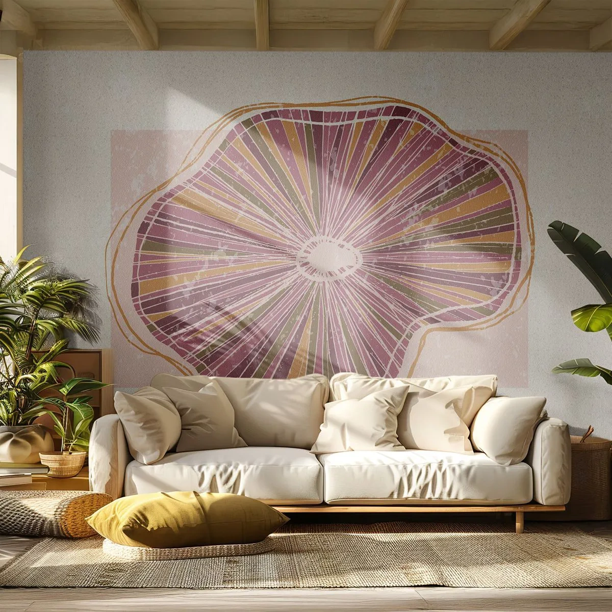Fototapete Premium Sand - Organisches Strahlenmuster in Burgunder- und Ockertönen - 100x70cm - Strahlende Abstraktion - Moderne Wanddekoration für Wohnzimmer und Schlafzimmer ARTTOR