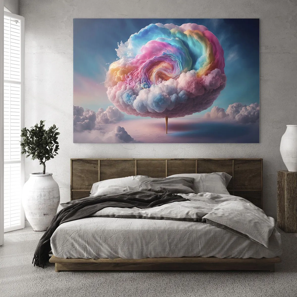 Glasbild - Bild auf glas - Eine fantasievolle Wolke in Pastellfarben, die an Zuckerwatte erinnert. - 120x80cm - Traum von einem Vergnügungspark - Moderne Wanddekoration für Wohnzimmer und Schlafzimmer ARTTOR