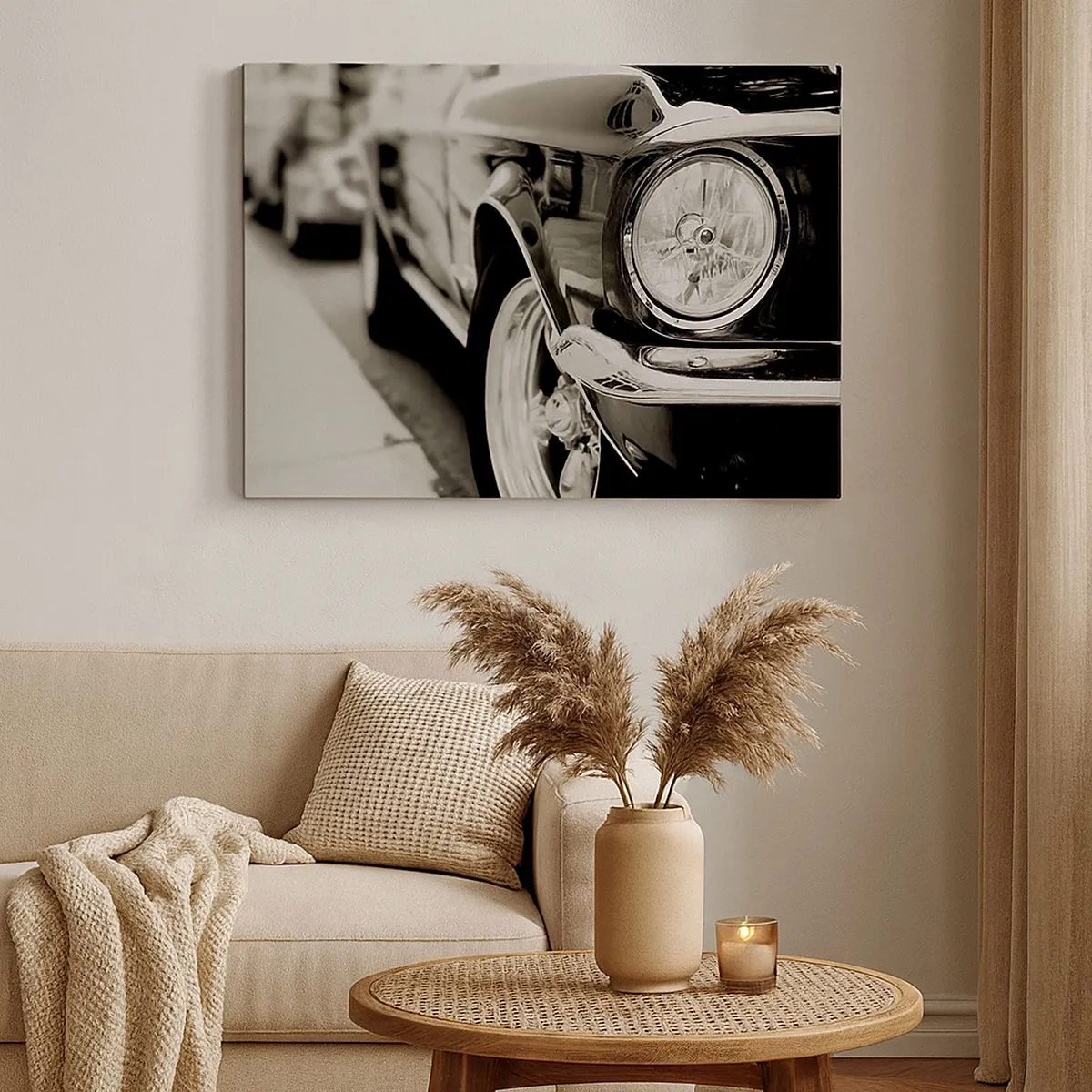 Bild auf Leinwand - Leinwandbild - Ein kultiger Oldtimer in elegantem Schwarz-Weiß - 70x50cm - Dauerhafter Glanz - Moderne Wanddekoration für Wohnzimmer und Schlafzimmer ARTTOR