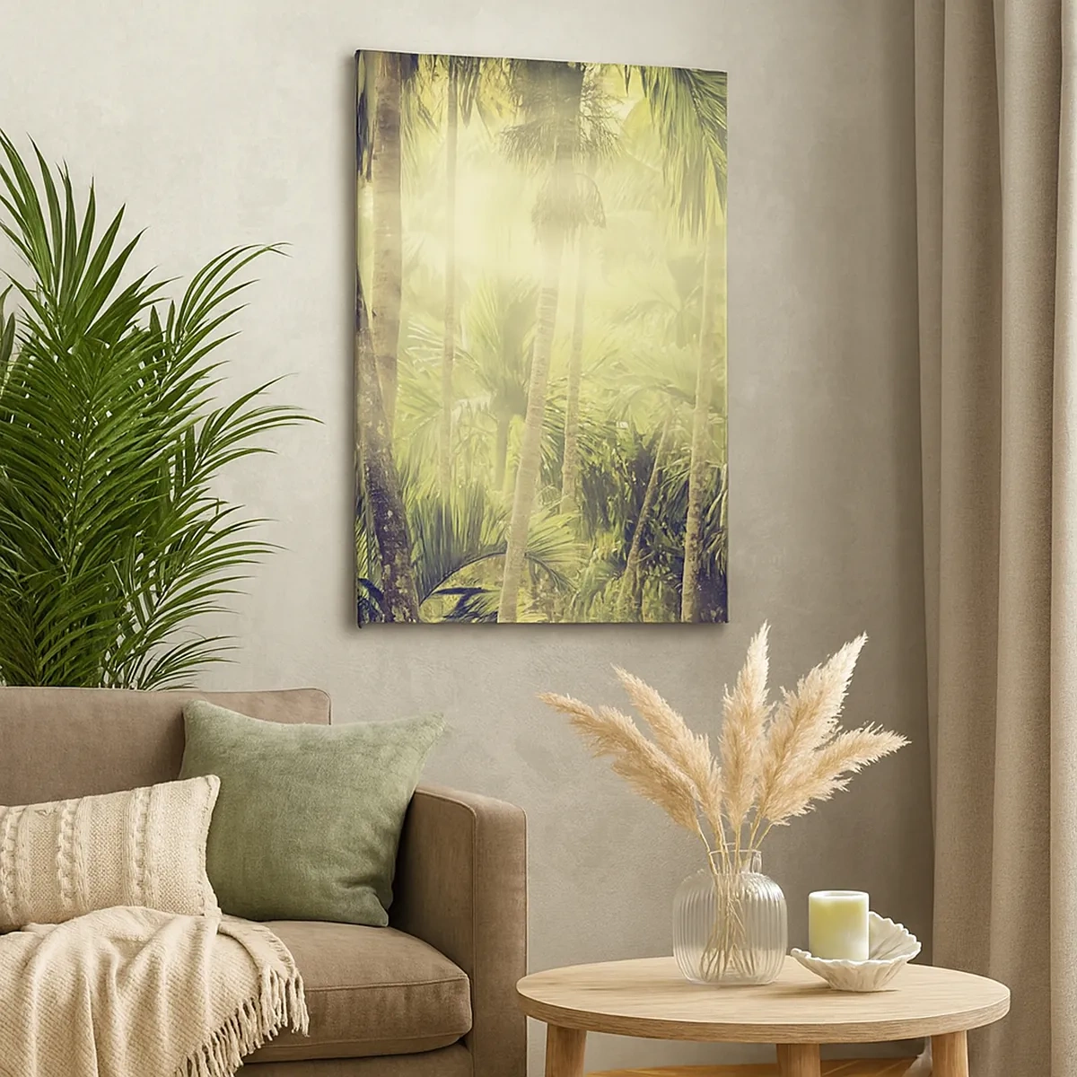 Bild auf Leinwand - Leinwandbild - Sonnenstrahlen in einem tropischen Palmenwald - 50x70cm - In grüner Hitze - Moderne Wanddekoration für Wohnzimmer und Schlafzimmer ARTTOR