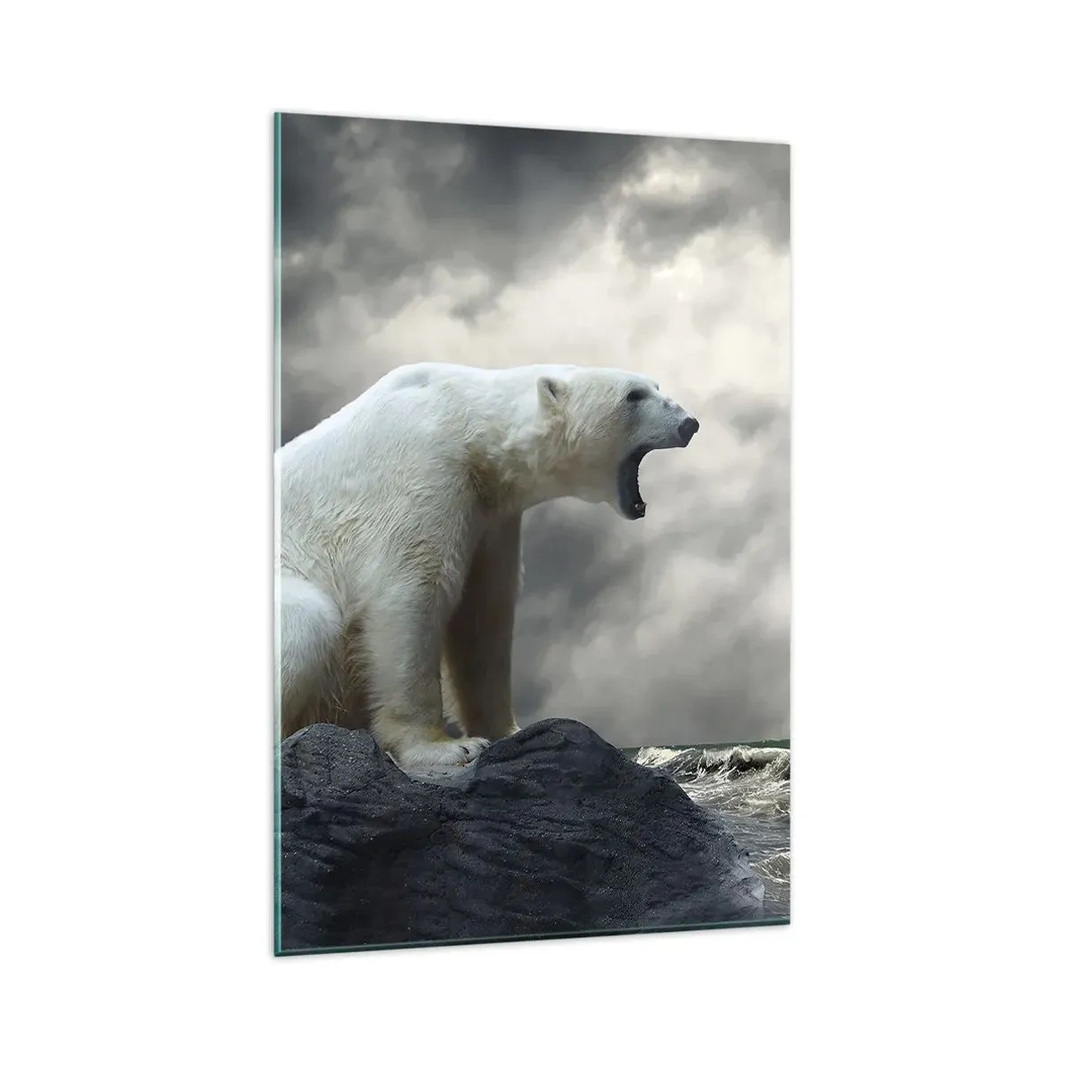 Glasbild - Bild auf glas - Ein Eisbär auf den Felsen über einem stürmischen Meer - 80x120cm - Der einsame König der Arktis - Moderne Wanddekoration für Wohnzimmer und Schlafzimmer ARTTOR