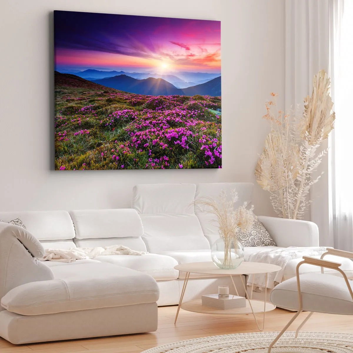 Bild auf Leinwand - Leinwandbild - Bergwiese mit Blumen bei Sonnenuntergang - 120x80cm - Kräuter dufteten nach frischen Trauben von den Feldern - Moderne Wanddekoration für Wohnzimmer und Schlafzimmer ARTTOR