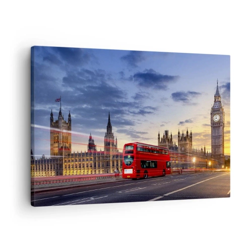 Bild auf Leinwand - Leinwandbild - Ein roter Bus mit Big Ben und den Houses of Parliament im Hintergrund in der Abenddämmerung. - 70x50cm - Spezielle Charaktere - Moderne Wanddekoration für Wohnzimmer und Schlafzimmer ARTTOR
