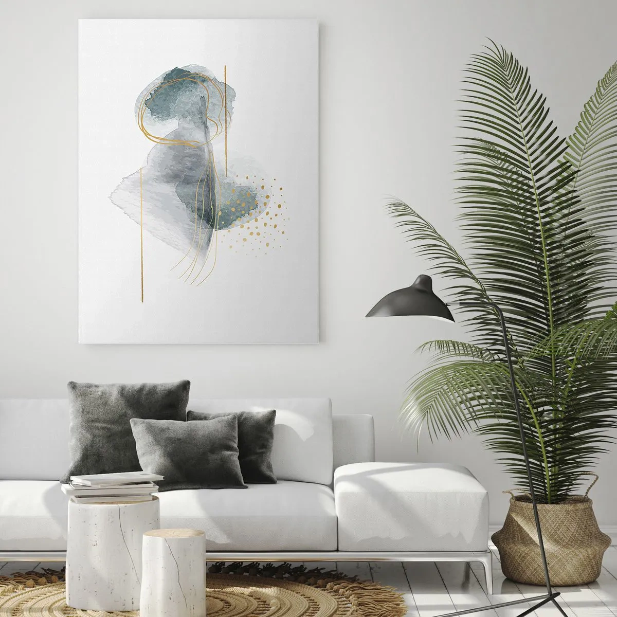 Glasbild - Bild auf glas - Eine abstrakte Komposition aus Grau mit goldenen Akzenten - 50x70cm - Über das Verhältnis von Grau und Gold - Moderne Wanddekoration für Wohnzimmer und Schlafzimmer ARTTOR