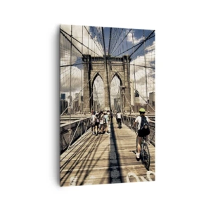 Bild auf Leinwand - Leinwandbild - Brooklyn Bridge mit Blick auf Fußgänger und Radfahrer - 80x120cm - Direkt ins Herz der Stadt - Moderne Wanddekoration für Wohnzimmer und Schlafzimmer ARTTOR