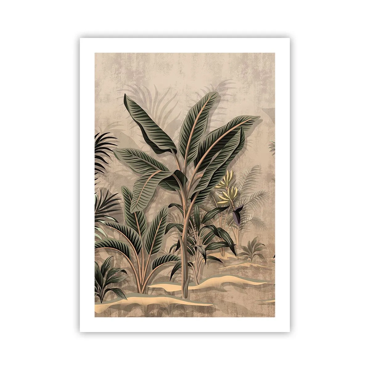 Poster - Exotische Vegetation auf beigem Hintergrund - 50x70cm - Eine Gravur im Kolonialstil - Moderne Wanddekoration für Wohnzimmer und Schlafzimmer ARTTOR