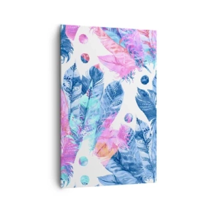 Bild auf Leinwand - Leinwandbild - Abstraktes Muster mit bunten Federn in Pastelltönen - 80x120cm - Pflaumen in Pink und Blau - Moderne Wanddekoration für Wohnzimmer und Schlafzimmer ARTTOR