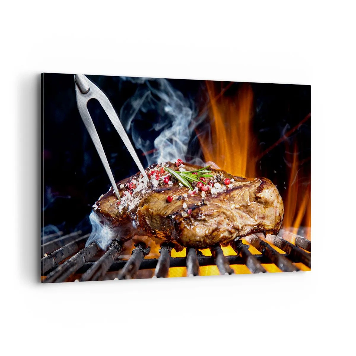 Bild auf Leinwand - Leinwandbild - Gegrilltes Steak auf einem Grill mit Gewürzen - 100x70cm - Saftig und duftend - Moderne Wanddekoration für Wohnzimmer und Schlafzimmer ARTTOR