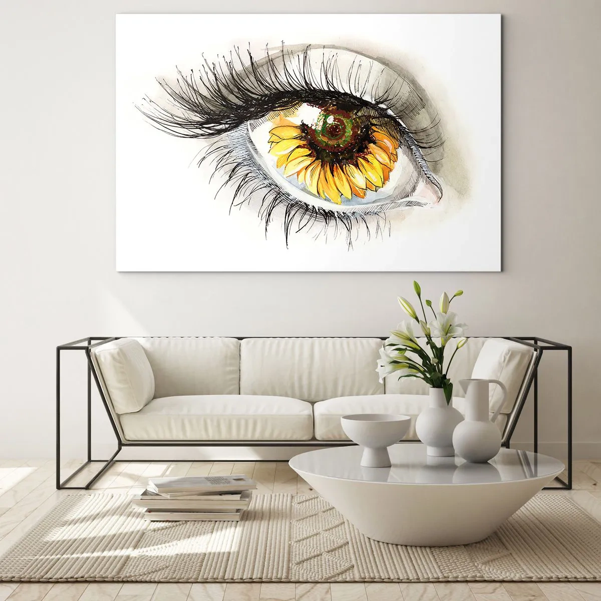 Glasbild - Bild auf glas - Ein Auge mit Sonnenblumenmotiv, umgeben von zarten Details - 70x50cm - Ein Look so heiß wie der Sommer - Moderne Wanddekoration für Wohnzimmer und Schlafzimmer ARTTOR