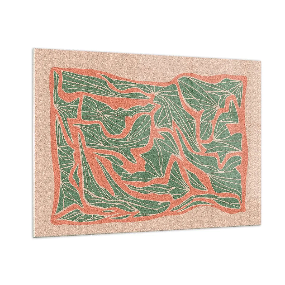 Glasbild - Bild auf glas - Grüne Blattformen, umgeben von einem Korallenrahmen auf beigem Hintergrund - 100x70cm - Kampf zwischen Korallen und Grün - Moderne Wanddekoration für Wohnzimmer und Schlafzimmer ARTTOR