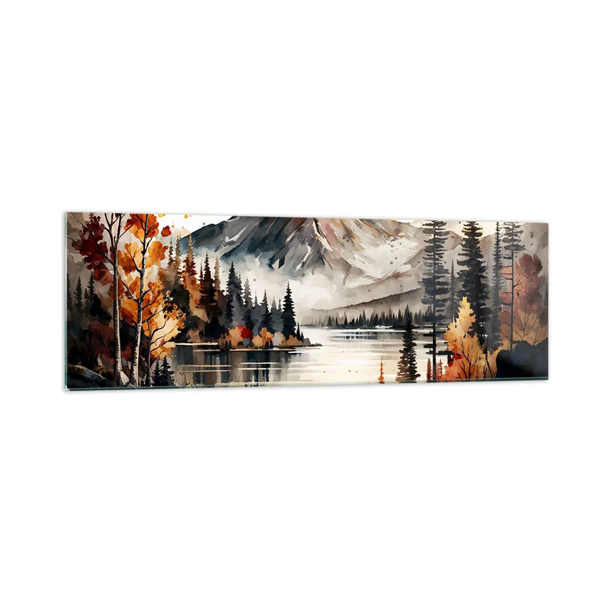 Glasbild - Bild auf glas - Herbstliche Berglandschaft mit See und Bäumen in Aquarell - 160x50cm - Goldener Herbst in den Bergen - Moderne Wanddekoration für Wohnzimmer und Schlafzimmer ARTTOR