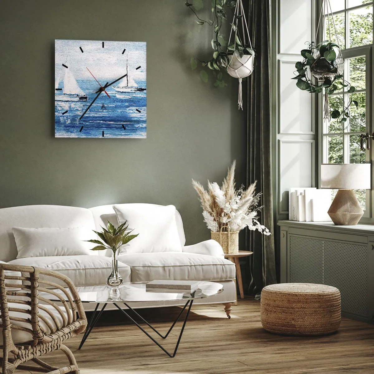 Wanduhr - Glasuhr - Yachten auf dem blauen Meer im künstlerischen Stil - 30x30cm - Mit Freund an der Seite - Moderne Wanddekoration für Wohnzimmer und Schlafzimmer ARTTOR
