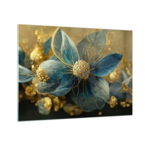 Glasbild - Bild auf glas - Blaue und goldene Blumen mit einem luxuriösen Gefühl - 70x50cm - Mit Gold blühen - Moderne Wanddekoration für Wohnzimmer und Schlafzimmer ARTTOR