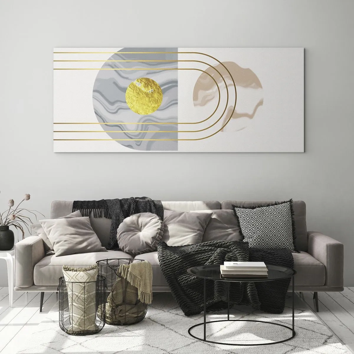 Glasbild - Bild auf glas - Abstrakte Komposition mit Kreisen und goldenen Linien auf hellem Hintergrund. - 160x50cm - Helligkeit und Brillanz - Moderne Wanddekoration für Wohnzimmer und Schlafzimmer ARTTOR