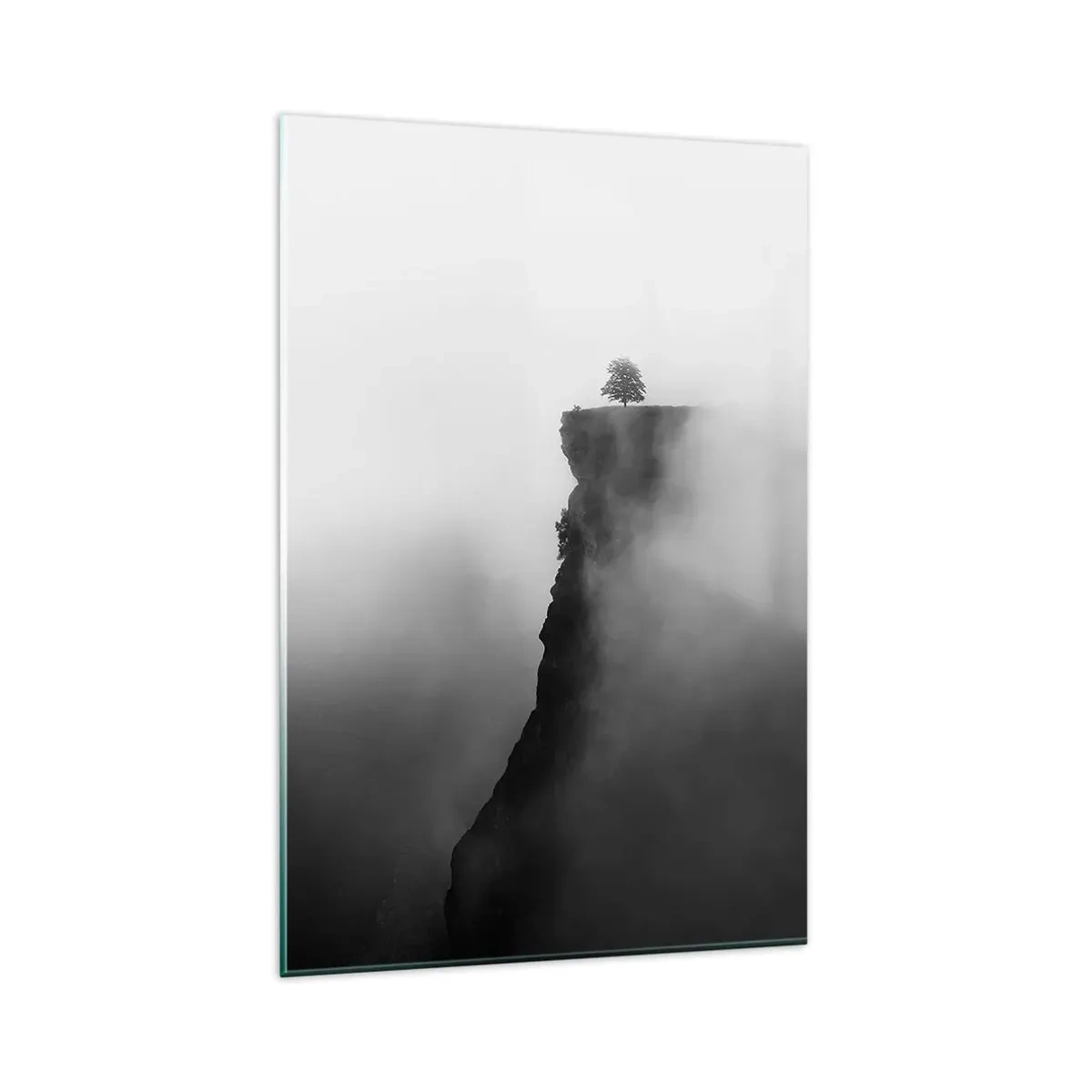 Glasbild - Bild auf glas - Ein einsamer Baum am Rand einer Klippe, umgeben von Nebel - 80x120cm - Am Rande der Welt - Moderne Wanddekoration für Wohnzimmer und Schlafzimmer ARTTOR