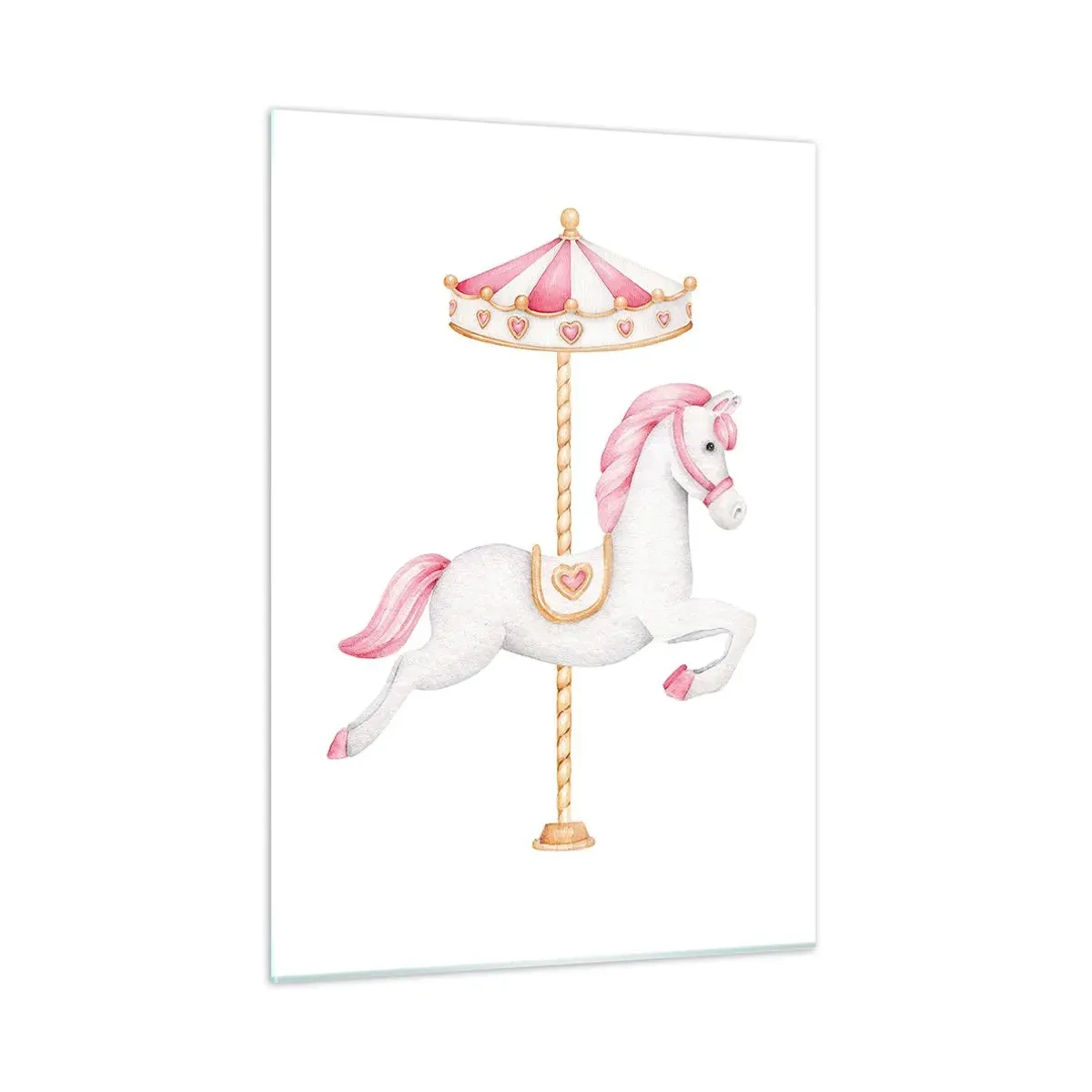 Glasbild - Bild auf glas - Rosa und weißes Karussellpferd auf weißem Hintergrund - 50x70cm - Er legte los - Moderne Wanddekoration für Wohnzimmer und Schlafzimmer ARTTOR