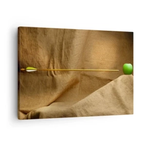 Bild auf Leinwand - Leinwandbild - Grüner Apfel auf Stoff mit einem Pfeil, der eine Komposition ergibt - 70x50cm - Beschwöre den Geist von Wilhelm Tell - Moderne Wanddekoration für Wohnzimmer und Schlafzimmer ARTTOR