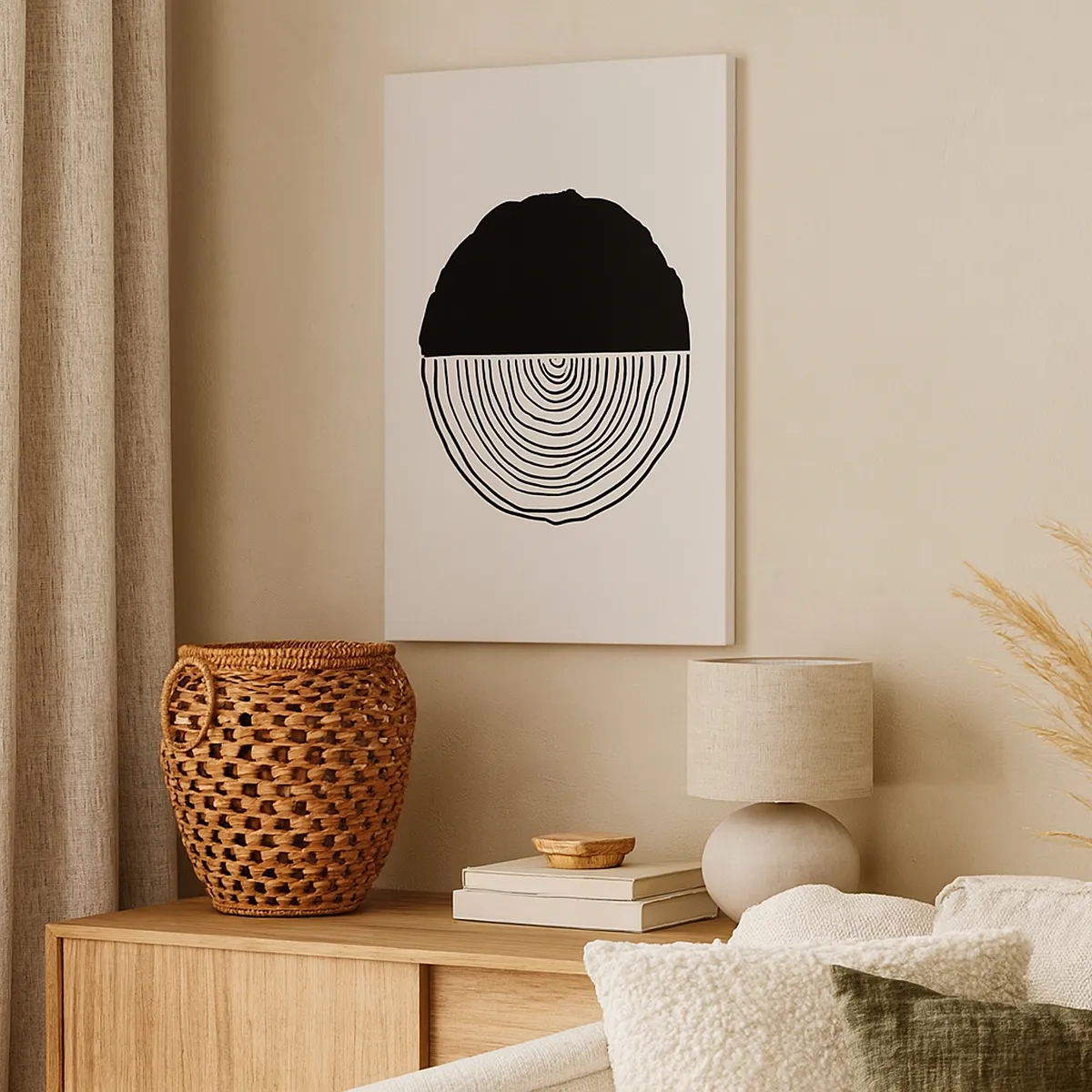 Bild auf Leinwand - Leinwandbild - Ein abstraktes Schwarz-Weiß-Motiv, inspiriert von einem Holzquerschnitt mit geometrischer Unterteilung. - 50x70cm - Halb und halb - Moderne Wanddekoration für Wohnzimmer und Schlafzimmer ARTTOR