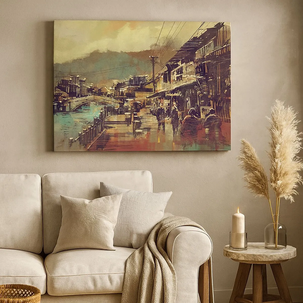 Bild auf Leinwand - Leinwandbild - Eine Stadt mit einer Brücke und kunstvoll gestalteten Straßen - 70x50cm - Das Leben als Reichtum an Grau - Moderne Wanddekoration für Wohnzimmer und Schlafzimmer ARTTOR