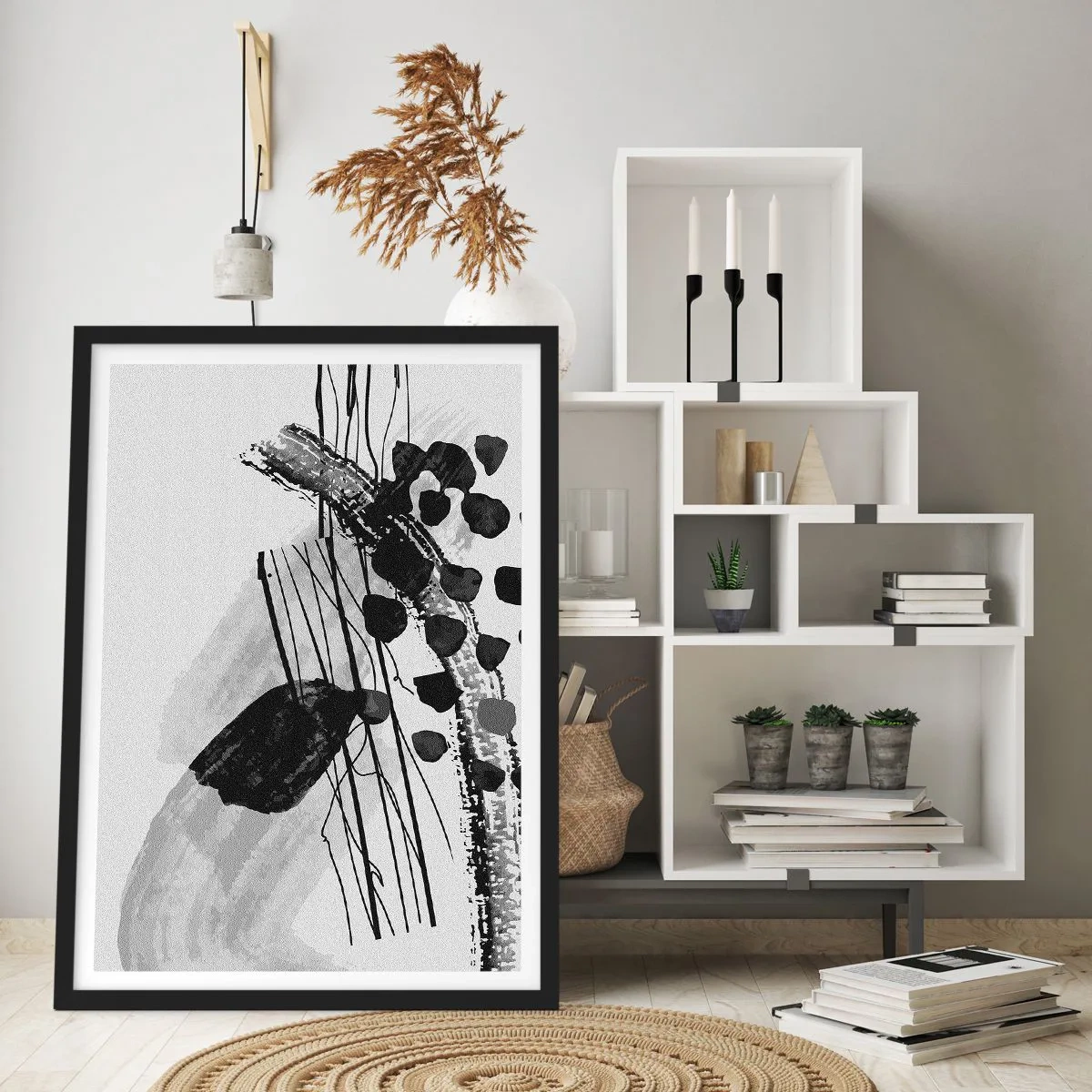 Poster in einem schwarzem Rahmen - Moderne Abstraktion in Schwarz-Weiß mit dynamischen Linien - 50x70cm - Organische Schwarz-Weiß-Abstraktion - Moderne Wanddekoration für Wohnzimmer und Schlafzimmer ARTTOR