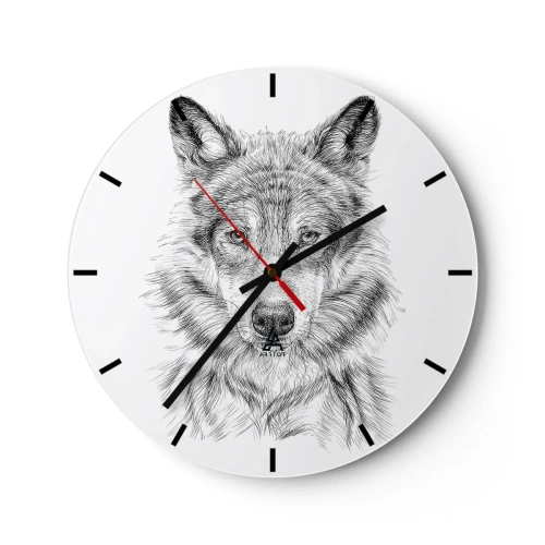 Wanduhr - Glasuhr - Schwarz-weiße Skizze eines Wolfskopfes auf weißem Hintergrund - 30x30cm - Ein geborener Anführer - Moderne Wanddekoration für Wohnzimmer, Küche und Schlafzimmer ARTTOR