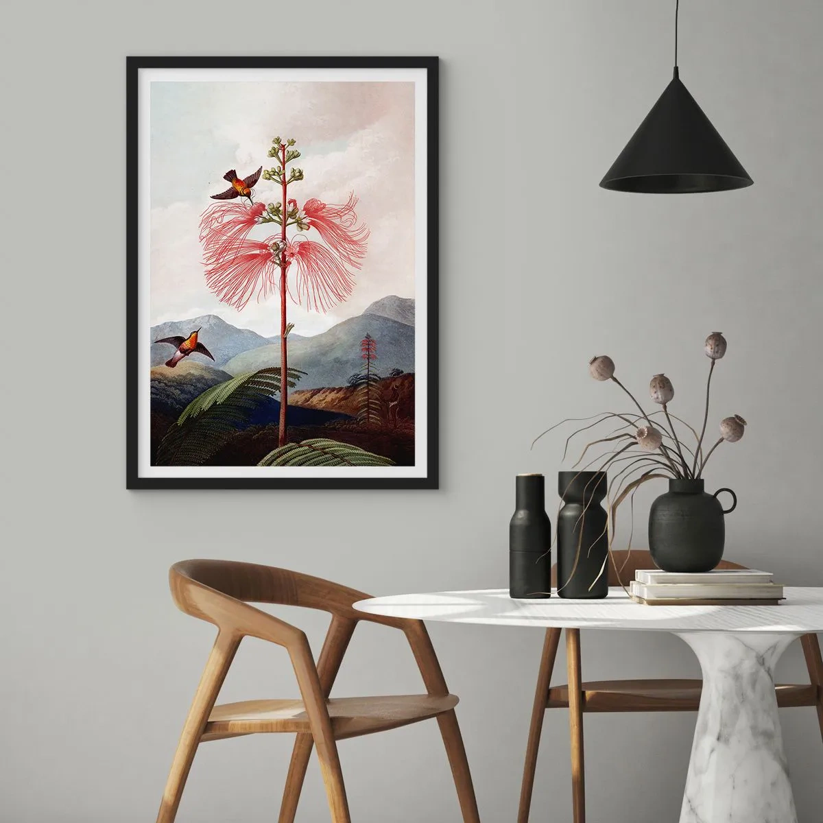 Poster in einem schwarzem Rahmen - Exotische Blume mit Kolibris zwischen den Bergen - 50x70cm - In einem tropischen Paradies - Moderne Wanddekoration für Wohnzimmer und Schlafzimmer ARTTOR