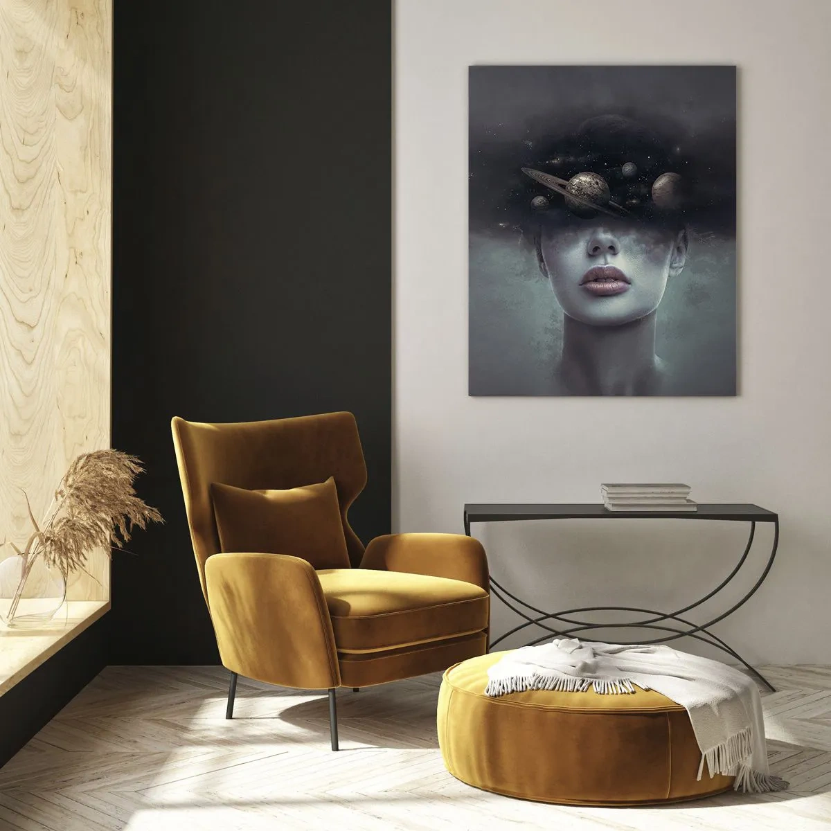 Glasbild - Bild auf glas - Ein Frauengesicht mit einem Planeten- und Weltraummotiv im Hintergrund - 70x100cm - Und die Planeten spielen verrückt ... - Moderne Wanddekoration für Wohnzimmer und Schlafzimmer ARTTOR