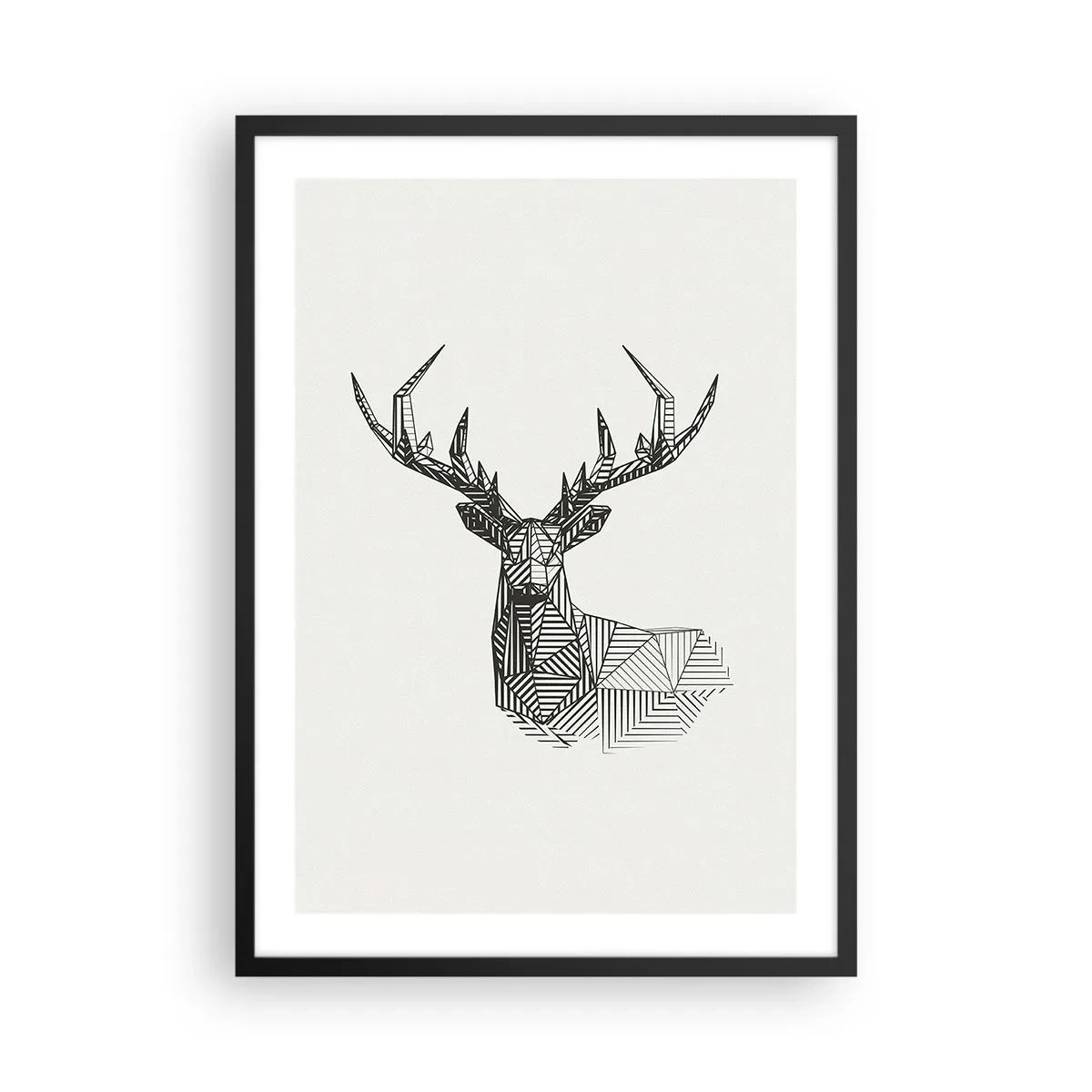 Poster in einem schwarzem Rahmen - Geometrische Silhouette eines Hirsches im Schwarz-Weiß-Stil - 50x70cm - Ein Hirsch im kubistischen Stil - Moderne Wanddekoration für Wohnzimmer und Schlafzimmer ARTTOR