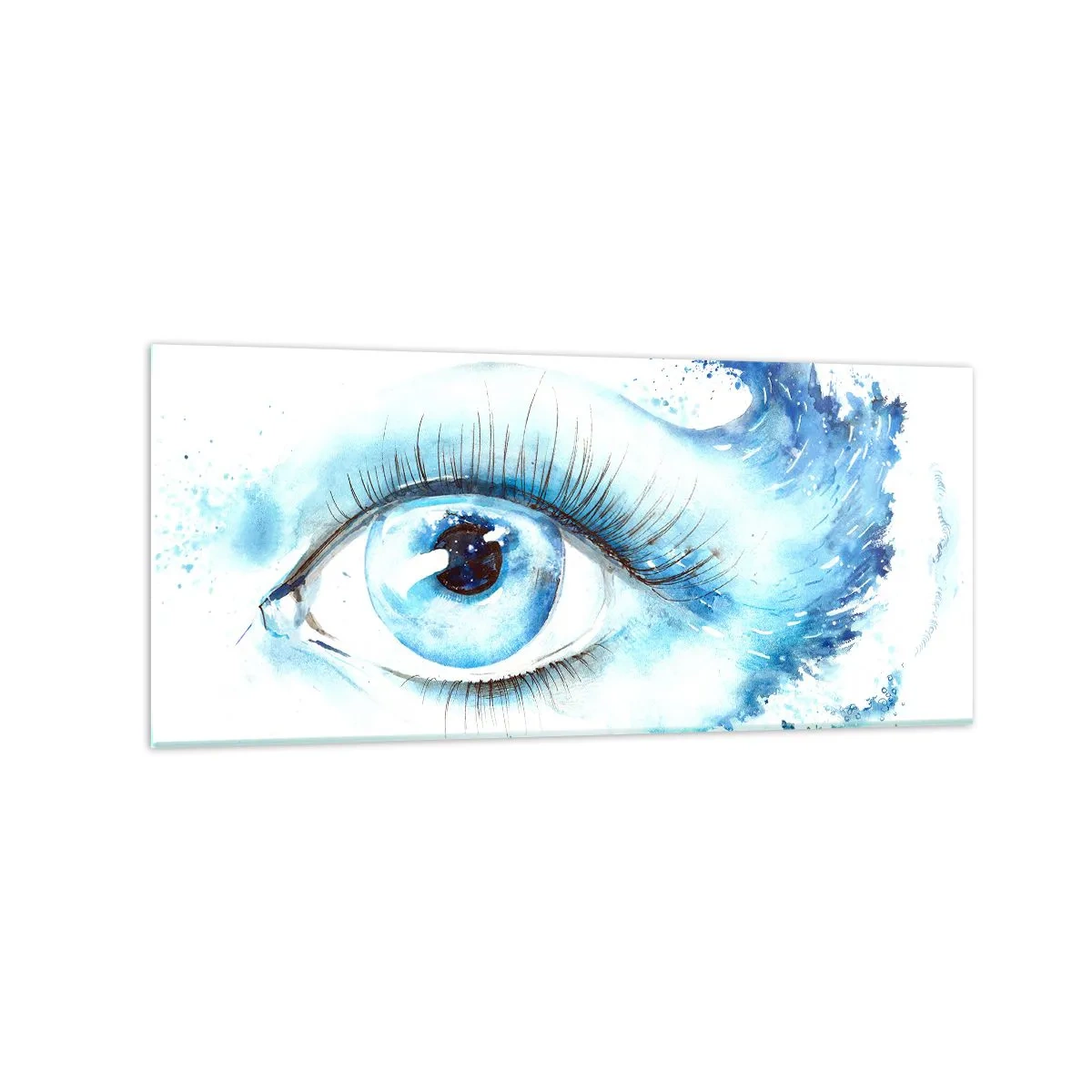 Glasbild - Bild auf glas - Künstlerisches Aquarell eines Auges mit einer dynamischen Welle - 120x50cm - Tauchen Sie ein in das Blau der Blicke - Moderne Wanddekoration für Wohnzimmer und Schlafzimmer ARTTOR