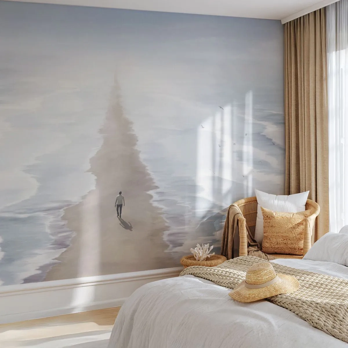 Fototapete Premium Sand - Eine Figur auf einem Weg zwischen den Wellen zum Horizont - 100x70cm - Glänzende Zukunft - Moderne Wanddekoration für Wohnzimmer und Schlafzimmer ARTTOR