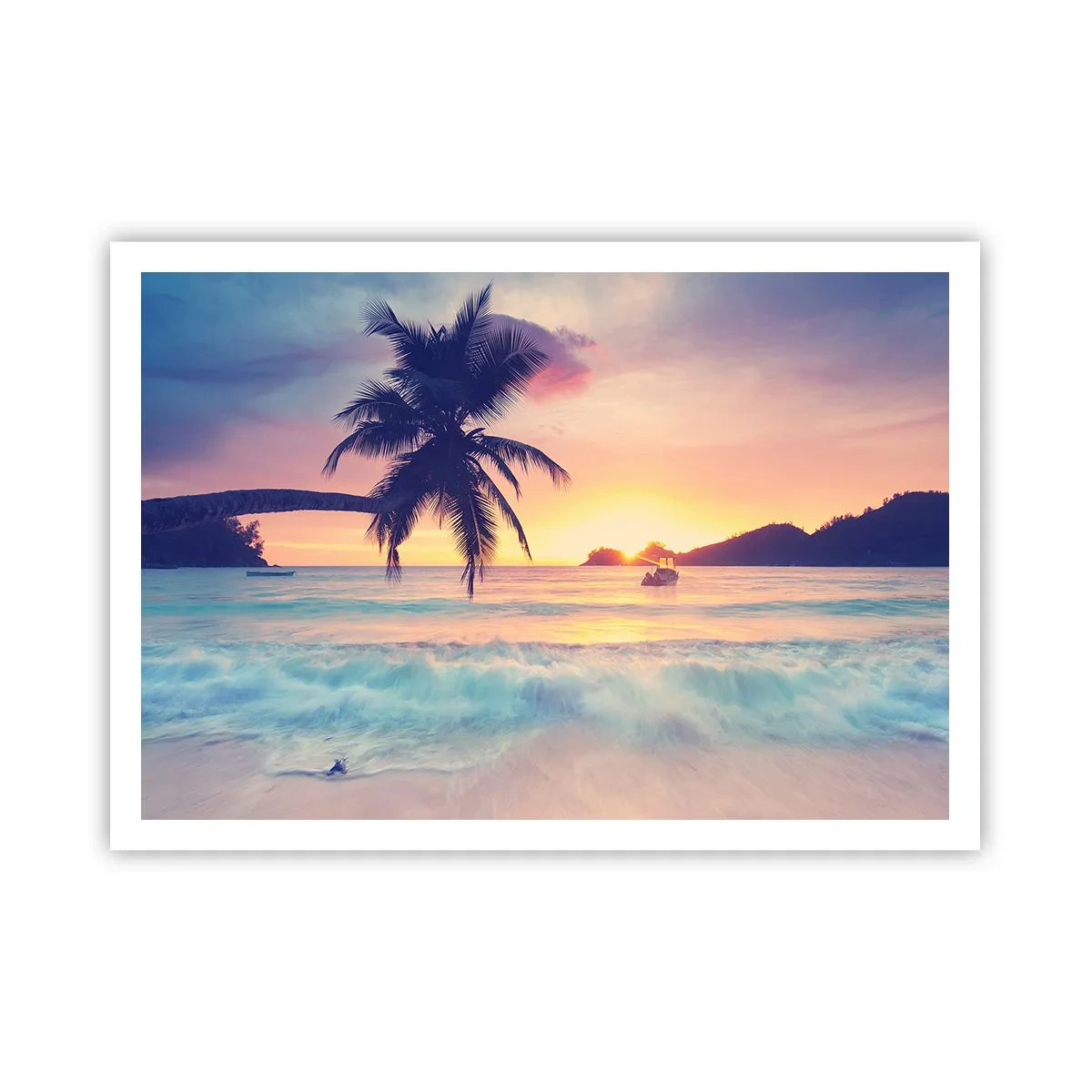 Poster - Strand mit Palmen und Sonnenuntergang über dem Meer - 100x70cm - Ein Abend in der Bucht - Moderne Wanddekoration für Wohnzimmer und Schlafzimmer ARTTOR