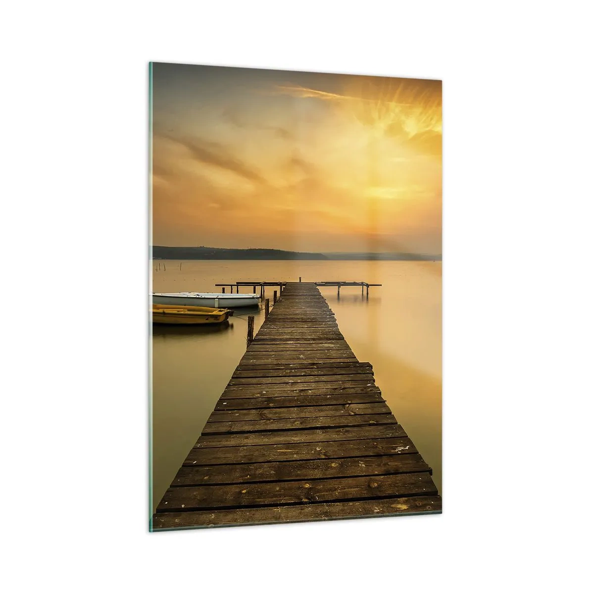 Glasbild - Bild auf glas - Pier auf dem See bei Sonnenuntergang mit einem Boot - 50x70cm - Ich werde dir den goldenen Himmel öffnen - Moderne Wanddekoration für Wohnzimmer und Schlafzimmer ARTTOR