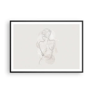 Poster in einem schwarzem Rahmen - Eine minimalistische Skizze einer weiblichen Silhouette vor hellem Hintergrund. - 100x70cm - Wie ein sensibles Instrument - Moderne Wanddekoration für Wohnzimmer und Schlafzimmer ARTTOR