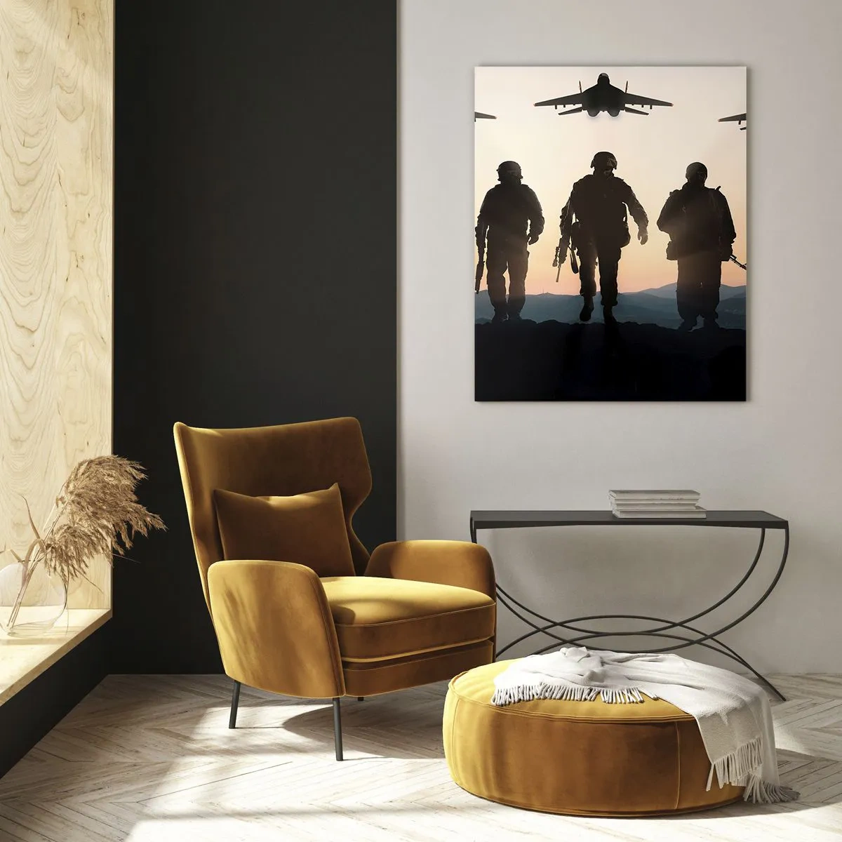 Glasbild - Bild auf glas - Silhouetten von Soldaten und Kampfjets vor dem Hintergrund des Sonnenuntergangs - 80x120cm - Willkommen in unserer Welt - Moderne Wanddekoration für Wohnzimmer und Schlafzimmer ARTTOR