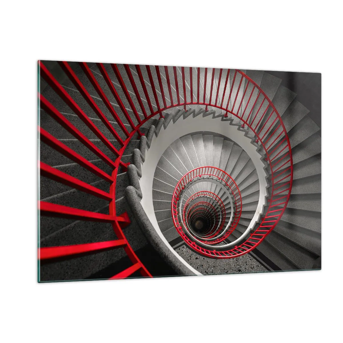 Glasbild - Bild auf glas - Wendeltreppe mit roten Handläufen in der Perspektive - 120x80cm - Architekturspaß - Moderne Wanddekoration für Wohnzimmer und Schlafzimmer ARTTOR